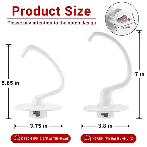 Image of K45DH Dough Hook for KitchenAid 4.5 /5 Quart Tilt-Head Stand Mixers, K45DH Bread Pizza Dough Hook Replacement for KitchenAid Stand Mixers, White