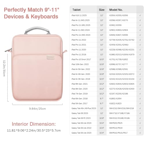 Image of MoKo 9-11 Inch Tablet Sleeve Bag Handle Carrying Case with Shoulder Strap | Fits iPad Pro 11-inch M4, iPad Air 11-inch M2, iPad 10th 10.9, iPad 9 /8 /7th 10.2 and Tab S8 /S9 11, Pink