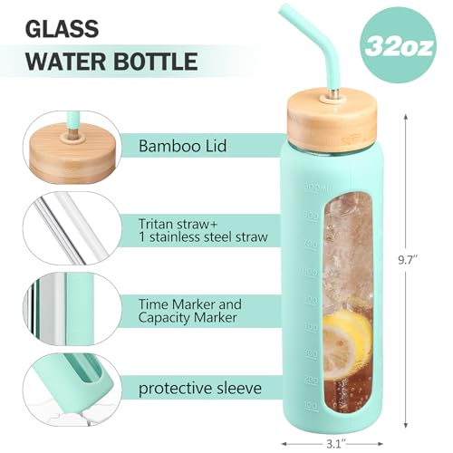Image of 32oz Glass Water Bottle with Straw and 2 Lids, Mint Green | Bamboo and Spout Lid, Non-slip Silicone Sleeve, with Motivational Time Marker, Reusable for Gym, Sports, Outdoors