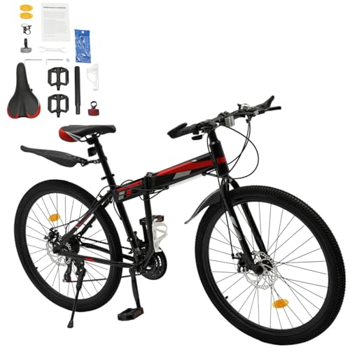 DAOHHFO 26 Inch Adult Folding Mountain Bike, 21 Speed Folding Bikes for Adults, Mountain Bikes Adjustable Seat Height & Dual Front Mechanical Disc Brakes for Adult Men Women (Black/Red)