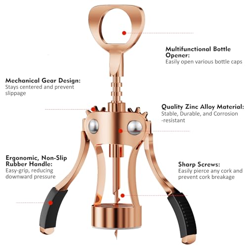 Image of KORCCI Wine Opener, Heavy-Duty Zinc Alloy Wing Corkscrew, Premium Beer Bottle Opener, Multifunctional Wine Accessories with Ergonomic Handle and Sharp Screw, for Kitchen, Bar, Restaurant (Rose Gold)