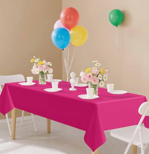Image of SietDESEO 6 Pack Hot Pink Plastic Tablecloth Rectangle 54 x 108 Premium Disposable Table Cloth Plastic Table Cover for Wedding Baby Shower Party Supplies
