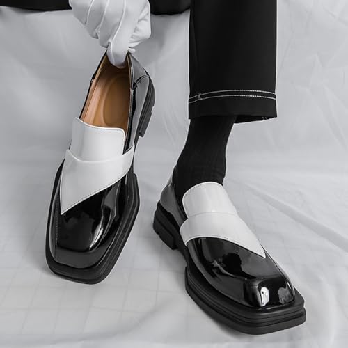 Men's Square Toe Platform Dress Loafers Fashion Patent Leather Slip on Business Work Office Formal Shoes Daily Non-Slip Low Block Heel Casual Shoes4