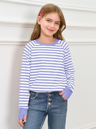 Image of Haloumoning Girls Striped Long Sleeve Shirts 5-14 Years | Thumb Hole, Crewneck, girls tops,Tunic Tops, Curved Hem Tees