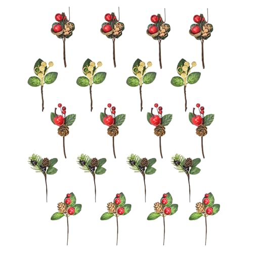 Xnferty 20 Tallos de Bayas Artificiales, 4.72 Pulgadas, Tallos de Bayas Rojas Navideñas con Hojas de Acebo, Ramas de Bayas Falsas con Piñas, Ramas de Hojas de Acebo Sintéticas