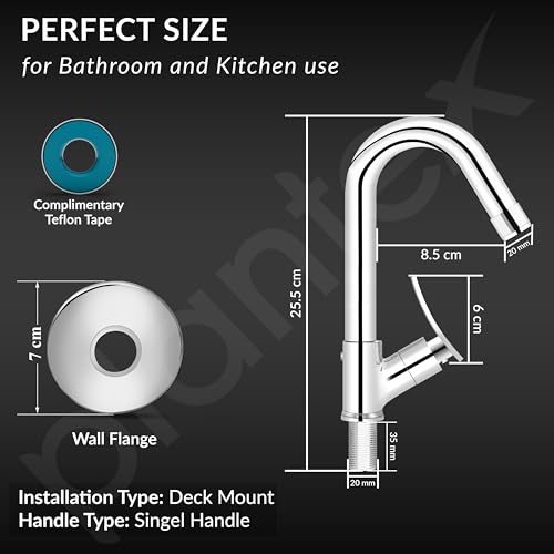 Image of Plantex Solid Brass High Neck Pillar Cock Water Tap with Teflon Tape /360 Degree Swivel Spout /Single Lever Tabletop Basin Sink Cock (Star, Chrome)