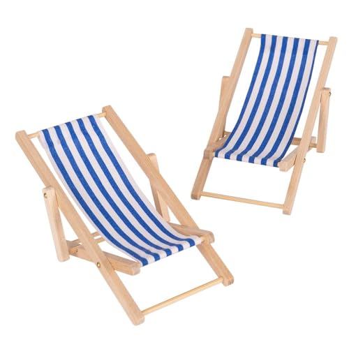 Ideen mit Herz | Chaise longue miniature | Mini chaise pliante | Chaise de plage décorative pliable | Meubles de maison de poupée | 2 pièces (rayures bleues et...
