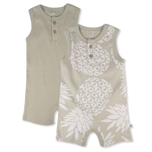 HonestBaby Multipack Short Romper Sets and Dresses 100% Organic Cotton for Infant Baby and Toddler Boys, Girls, Unisex, Pineapple Leaf Khaki, 6-9 Months