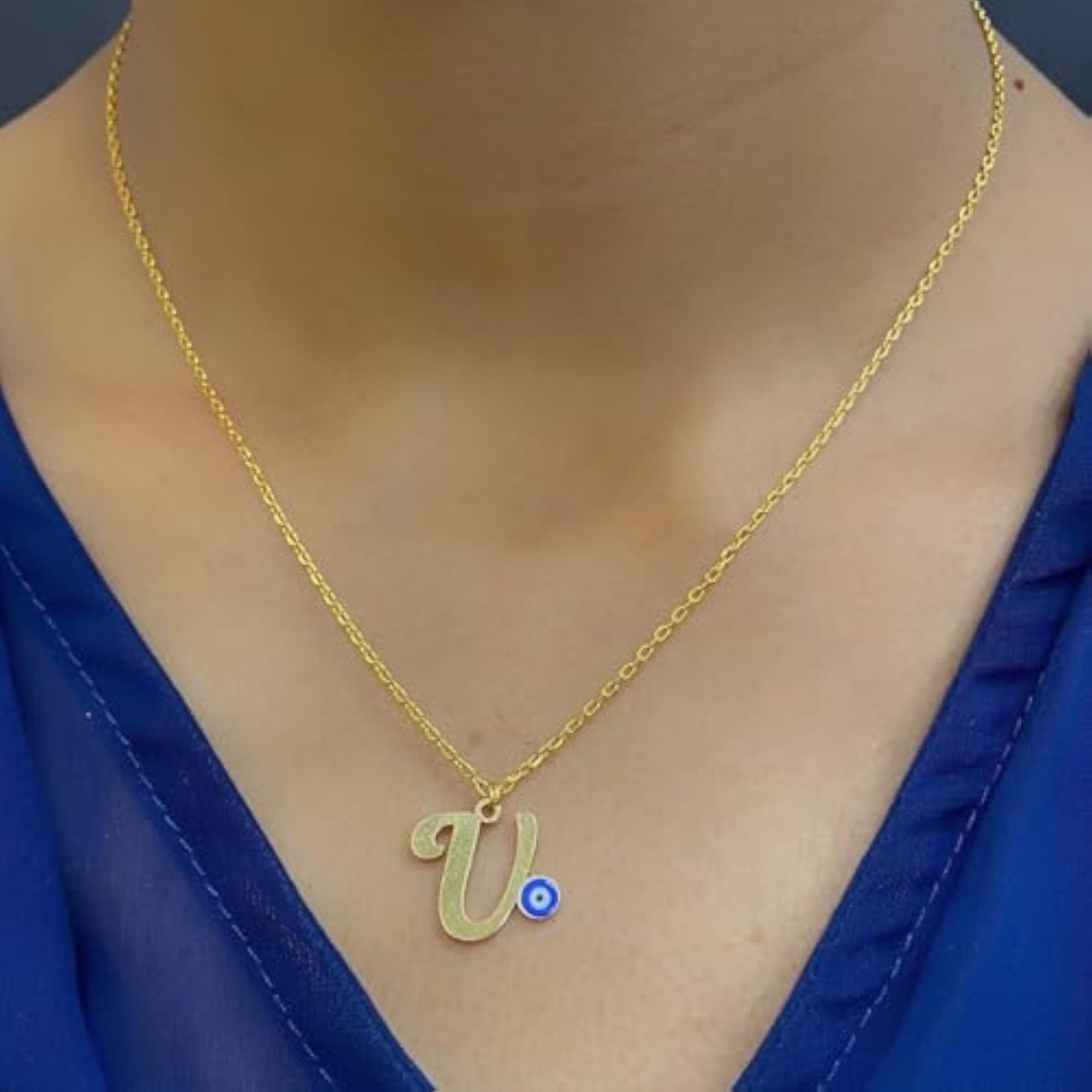 Women's Blue Evil Eye Initial 'V' Necklace, Gold Plated