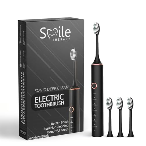 Smile Therapy Advanced Sonic Electric Toothbrush - 6 in 1 for Adults Kids, Rechargeable Long Battery Life 50 Days, with 4 Brush Heads, 6 Modes with 2 Minutes Smart Timer (Black, Electric Toothbrush)