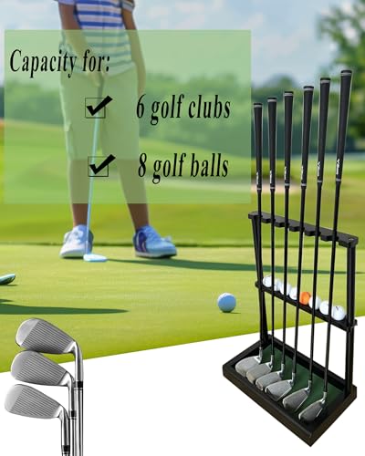 Image of Golf Club Rack Stand, Solid Wood Golf Club & Putter Display Rack, Golf Club Organizer Holds Up to 6 Clubs with Ball Storage, Floor Rack for Indoor Golf Simulator, Office or Home