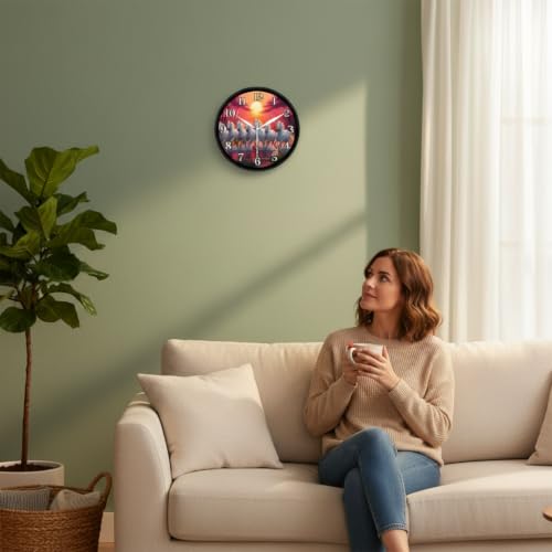 Image of Lucky 7 Running White Horses Vastu Wall Clock for Living Room & Home Decor | Round Analog Silent Non-Ticking Sunrise Watch | Feng Shui Decorative Timepiece for Office, Black Frame