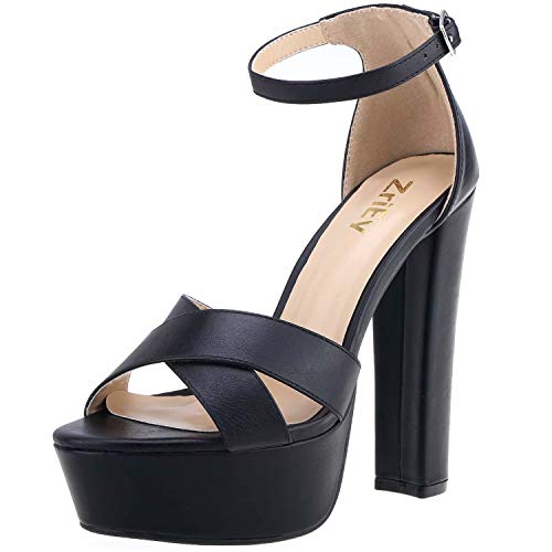 ZriEy Women's Sexy Fashion Platform Chunky High Heels Black Strappy Heeled Sandals Size 5 for Cocktail Prom Party…