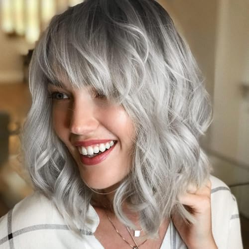 PARXITN Kurze Bob Perücke Damen mit Pony Dunkler Wurzel Ombré-Silber Perücke Karneval Haar Bunt Täglich Party Halloween Cosplay Gewellte Lockige Perücken Fasching für Frauen