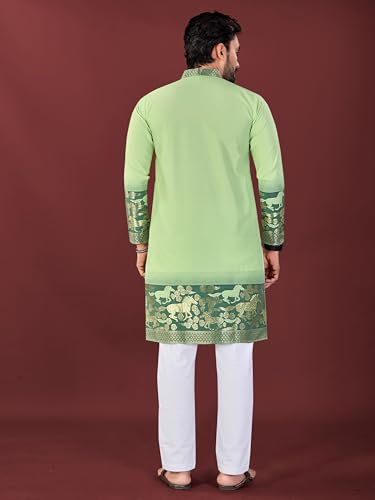 Image of Men's Cotton Silk Kurta with Jacquard Work Full Sleeves Floral Printed Side Slit and Mandarin Collar Neck | Kurta Pajama Set for Men Cotton Wedding | Short Kurta for Men