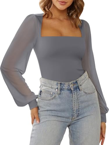 Image of PINKMSTYLE Women's Square Neck Double Lined Mesh Long Sleeve Bodysuits