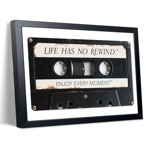 Framed Vintage Cassette Tape Wall Art, Audio Tape Canvas Print Painting, Life Has No Rewind Enjoy Every Moment Inspirational Music Quote Wall Decor for Bedroom Music Lover Home Decor 12x16 Inch