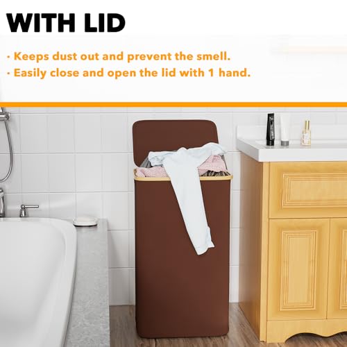 SpaceAid Laundry Hamper with Lid, 110L Large Tall Clothes Basket Bin with Bamboo Handles, Collapsible Laundry Hamper for Bedroom, Bathroom, Dorm, Laundry Room - Brown