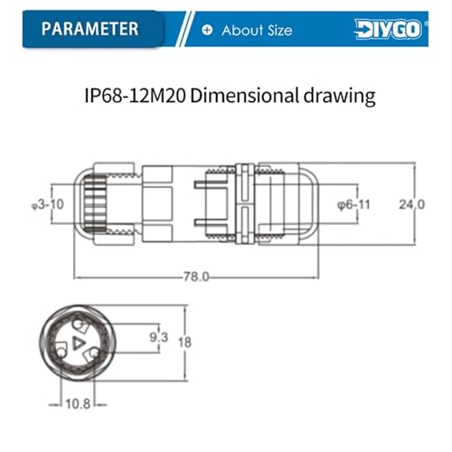 Conector IP68 12M20 estanco de 3 pines para cables de iluminación 5