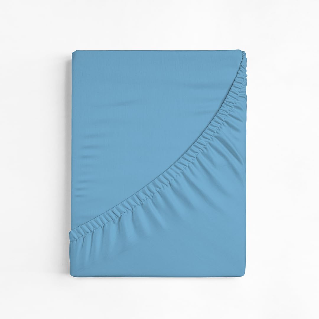 Blue Fitted Double Bed Sheets 35cm Deep Pocket 100% Cotton Reinforce Hotel Quality Plain Bedsheet (Blue 140x200 Double)