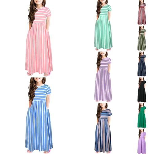 Girls Toddler Kids Long Sleeve Stripe Print Loose Casual Long Maxi Dress Elastic Waist Holiday with Pockets
