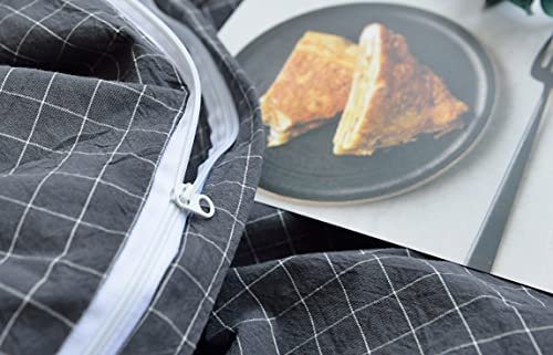 Image of F.Y.Dreams 100% Washed Cotton Duvet Cover for Weighted Blanket 60x80 inches with 16 Ties, Zipper on Long Side /Gray Grid /Just Duvet Cover