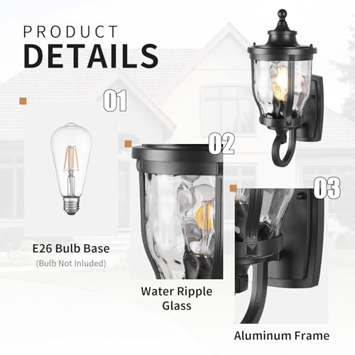 Image of JYZ 15 inch Outdoor Wall Light Lantern, Anti-Rust Exterior Wall Sconce with Hammered Water Ripple Glass, Waterproof Matte Black Outside Lighting Fixture for Front Door, Porch, Garage