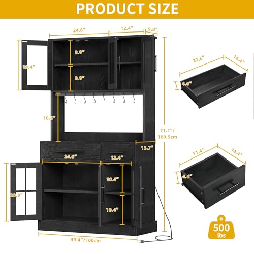 DWVO Kitchen Pantry Storage Cabinet with Microwave Stand, 71\'\' Tall Kitchen Hutch Cabinets with Power Outlet, Modern Food Pantry Hutch with Drawers & Shelves for Home, Pack of 1, Black