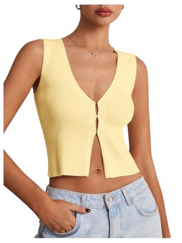 Image of GORGLITTER Women's Knit Top V Neck Sleeveless Button Up Sweater Vest Fall | Cute Summer Tops, Lightweight, Button Down, Business Casual, Work Office Shirts, Fashion Clothing
