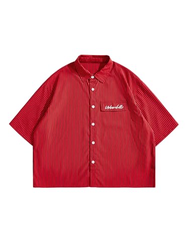 GORGLITTER Men's Striped Button Down Up Cropped T Shirt Letter Graphic Flap Short Sleeve Collar Top