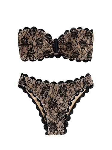 GORGLITTER Women's Floral Strapless Swimsuit Bandeau Lace High Waisted Thong Bikini Set