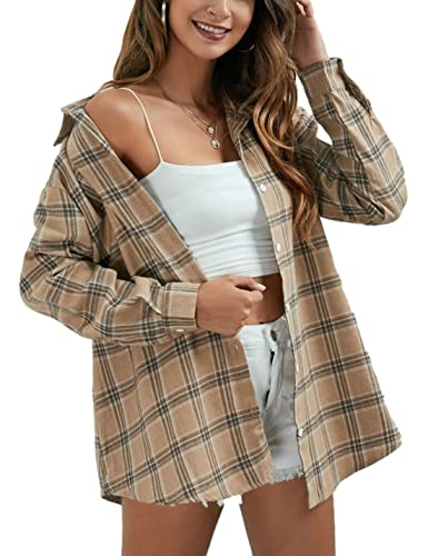 Image of HangNiFang Womens Flannel Plaid Shirts Oversized Button Shirts Blouse Tops