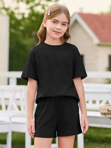 Image of Haloumoning Girls Summer 2 Piece Outfits Kids Oversized T Shirts and Shorts Clothing Sets 5-14 Years