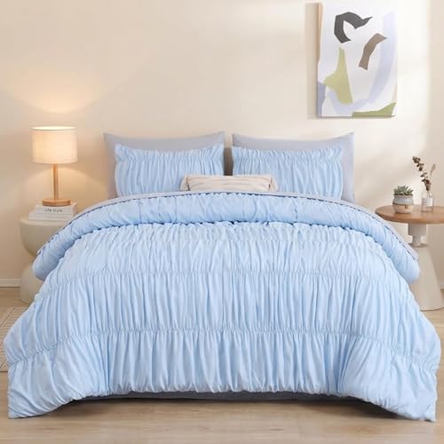 Image of weigelia Cinched Comforter Set Full - Soft Ruched Bedding Set, 3PCS Light Blue All-Season Fluffy Lightweight Comforter with Pillowcases for Bedroom, Apartment & Dorm Decor