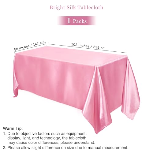 Image of TURSTIN 1 Pack Pink Satin Tablecloth 102 x 58 Inch Overlay Satin Table Cover Rectangle Bright Silk Tablecloth Smooth Fabric Table Decoration for Wedding Banquet Party Events