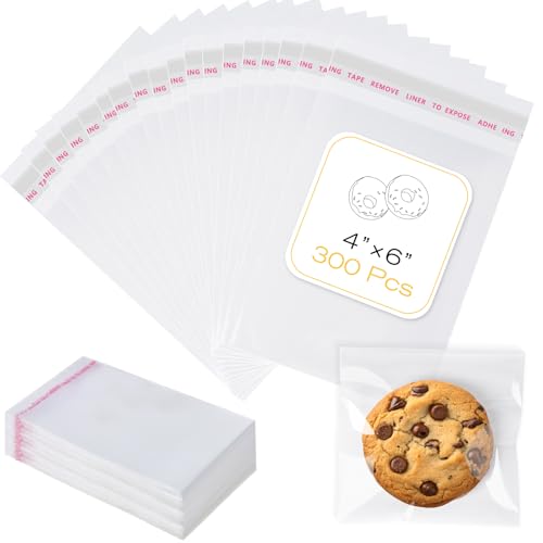 300 Pcs Cookie Bags with Seal 4x6 Inches Self Sealing Cellophane Bags Clear Cookie Bag Resealable Treat Bags for Packaging Cookies Candy Gifts Favors 3 Mils Individual Self Adhesive Wrappers
