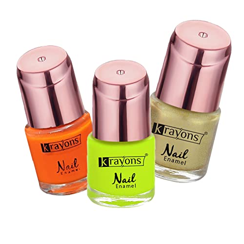 Image of Krayons Crazy Gel Nail Enamel, Waterproof, Longlasting, 8ml Each, Multicolor, Pack of 3 (Neon Orange, Neon Yellow, Golden Treasure)