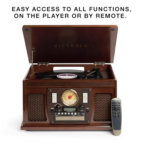 Image of Victrola Navigator - 8-in-1 Bluetooth Record Player - Espresso | Real wood cabinet plays vinyl, CD, cassette, FM radio, USB and aux, built-in speakers, remote control included