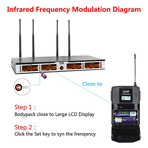 XTUGA SKM4000PLUS 4 x100 Channel UHF Wireless Bodypack Microphone System with Selectable Frequencies Prevent Interference, Use for Family Party, Church, Small Karaoke Night (Range:200-320Ft)