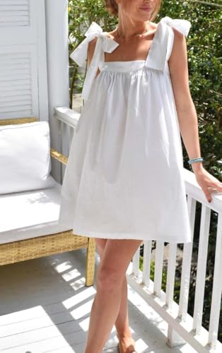 Image of Women Tie Shoulder Mini Dress Floral Ruffle Babydoll Dress Boho Square Neck Sundress Cute Summer Dresses