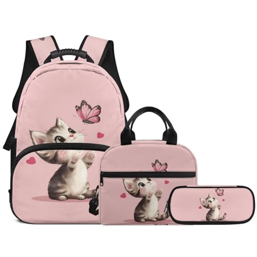 Cute Cartoon Cat Backpack School Bag for Girls Kids Teen Schoolbag Bookbag with Insulated Lunch Bag Pencil Case Set Elementary School Daypack Pink