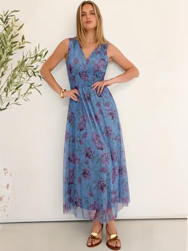 Image of ANRABESS Women's Floral Tulle Wedding Guest Maxi Dress | V Neck Sleeveless,A-Line Elastic Waist,Casual Flowy Formal Boho,Bridal Shower Garden Party Beach Vacation,Summer Fall