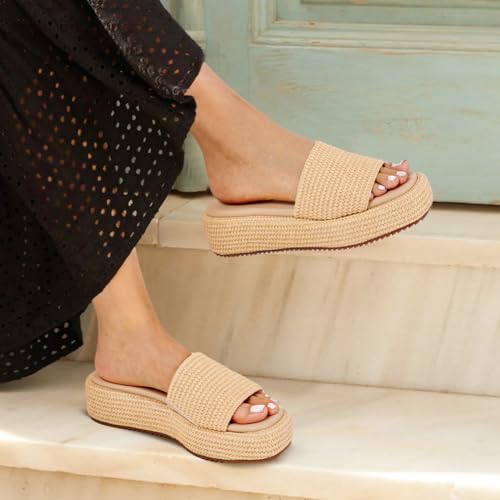 Image of EQAUDES Platform Sandals Women Slip on Espadrille Wedges Slides Bohemia Sandals Flatform Open Toe Beach Sandals