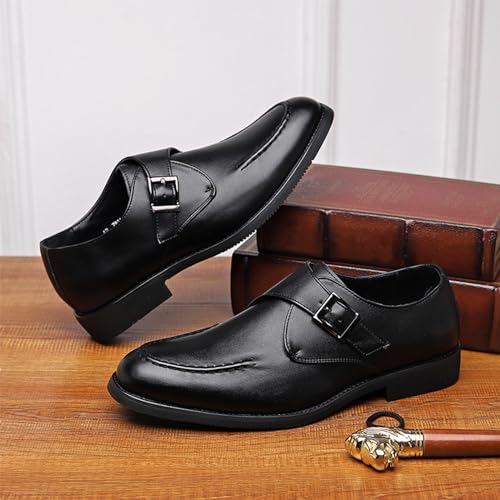 Men's Trendy Cowhide Chunky Heels Business Loafers with Monk Buckle Pointed Toe Comfort Slip On Dress Oxford Shoes for Casual Wedding Formal Shoes2