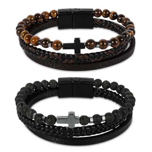 LHOEST 2 Stück Armband Herren Männer Damen Lederarmband, Geflochten Echtleder Armbänder für Geschenke Mens Jewellery Schmuck, Edelstahl Kreuz Naturstein Bracelet Leder Men mit Magnet Verschluss