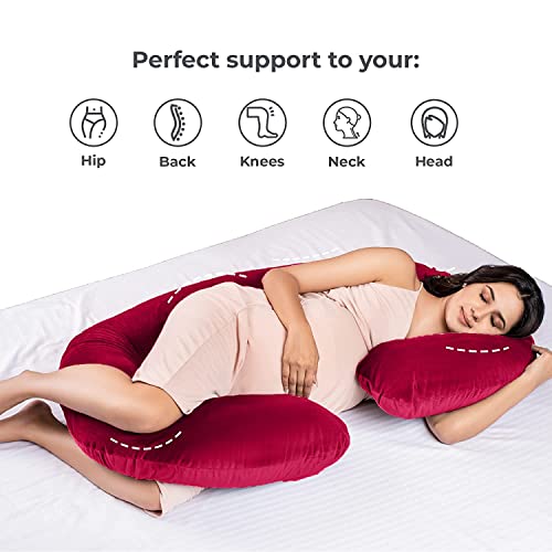 Image of C-Shaped Sleeping Pregnancy Pillow| Removable Washable Velvet Covers with Zipper| PregnoCare Fibres| Maternity, Nursing| Full Body Soft Support Bump, Head, Back, Shoulder, Hips, Legs and Belly (Red)