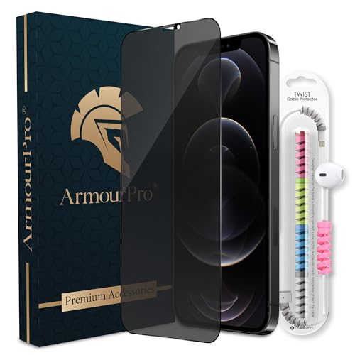 Image of ArmourPro Matte Privacy Tempered Glass for iPhone 12 Pro Max, Anti-Spy Anti-Glare Screen Protector, Edge-to-Edge Full Coverage, 9H Anti Scratch, Smooth Touch, Easy Installation Kit with Cable Protector