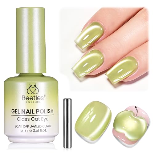 Image of Beetles Taste of Spring Green Cat Eye Gel Nail Polish - 15ML Full Size Sage Green Cat Eye Glitter Magnetic Translucent Glassy Effect Pistachio Gleam Soak Off UV DIY Gift for Women