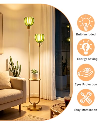 Image of Lightdot Glass Floor Lamp with Table 2-Lights Modern Gold Standing Tall Lamps with Green Lotus Glass Shade,LED Floor Lamp with Foot Switch for Living Room Bedroom Home Office (Bulbs Included)