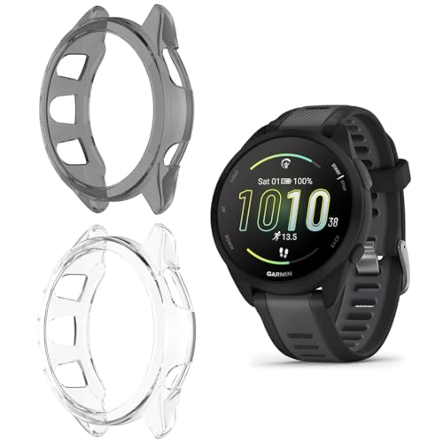 HOMTERN Schutzhülle kompatibel mit Garmin Forerunner 165/165 Musik-Hülle, flexibles TPU, schwere Schutzhülle, stoßfest, kratzfest, Schwarz und transparent, 2 Stück